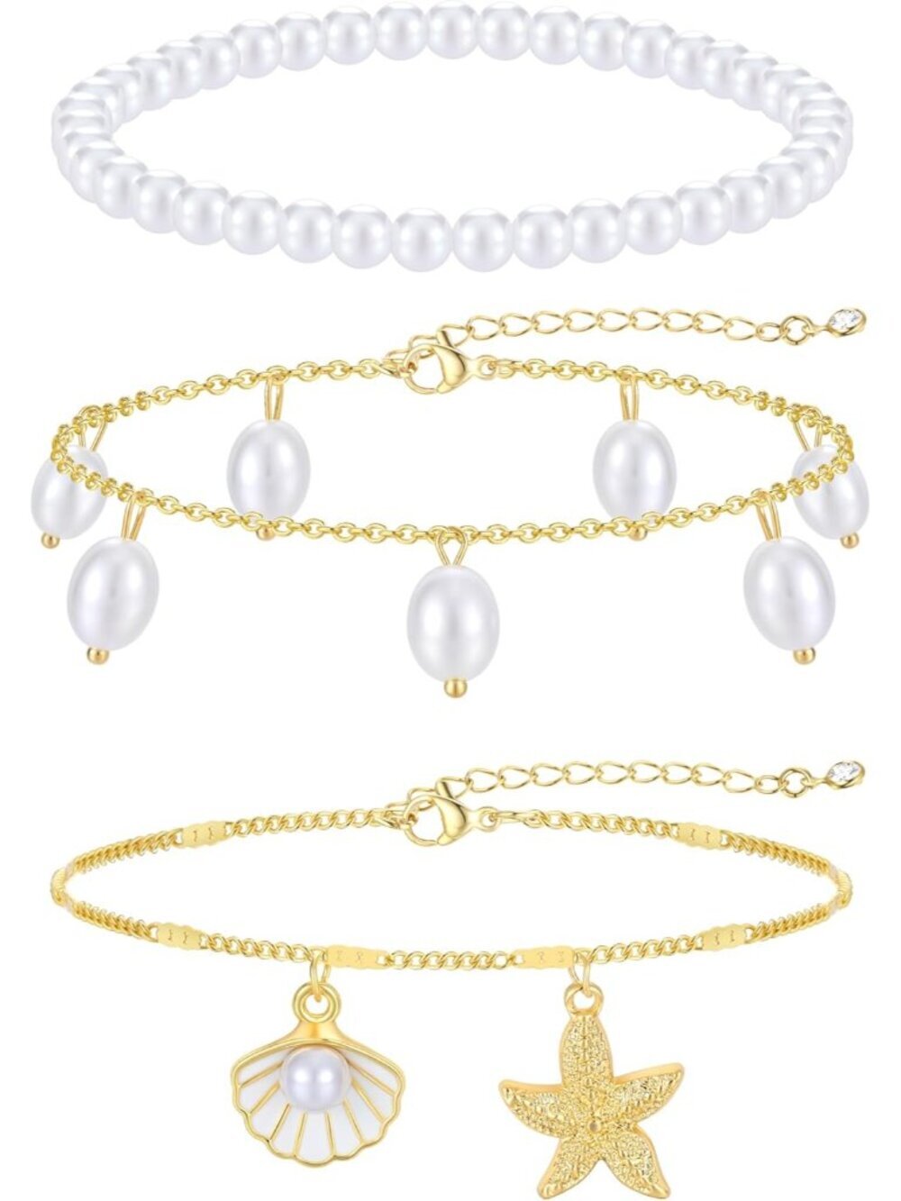 Women's Gold And White 2 Waterproof Cuban Link Chain Layered Anklet Bracelets